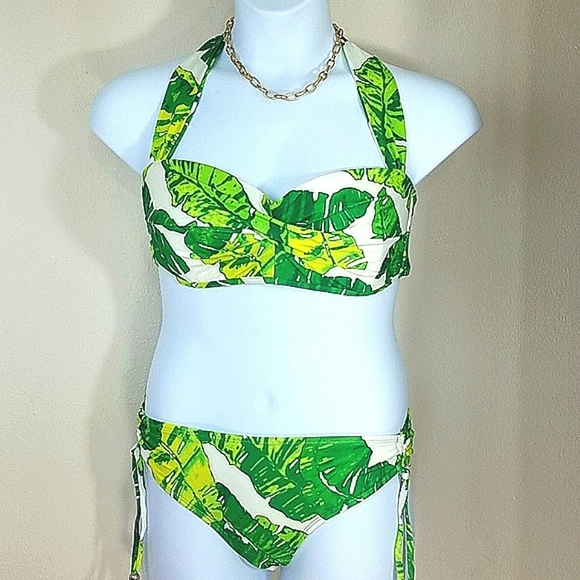 Top bikini halter crop Palm Leaf print tie white - Picture 4 of 4